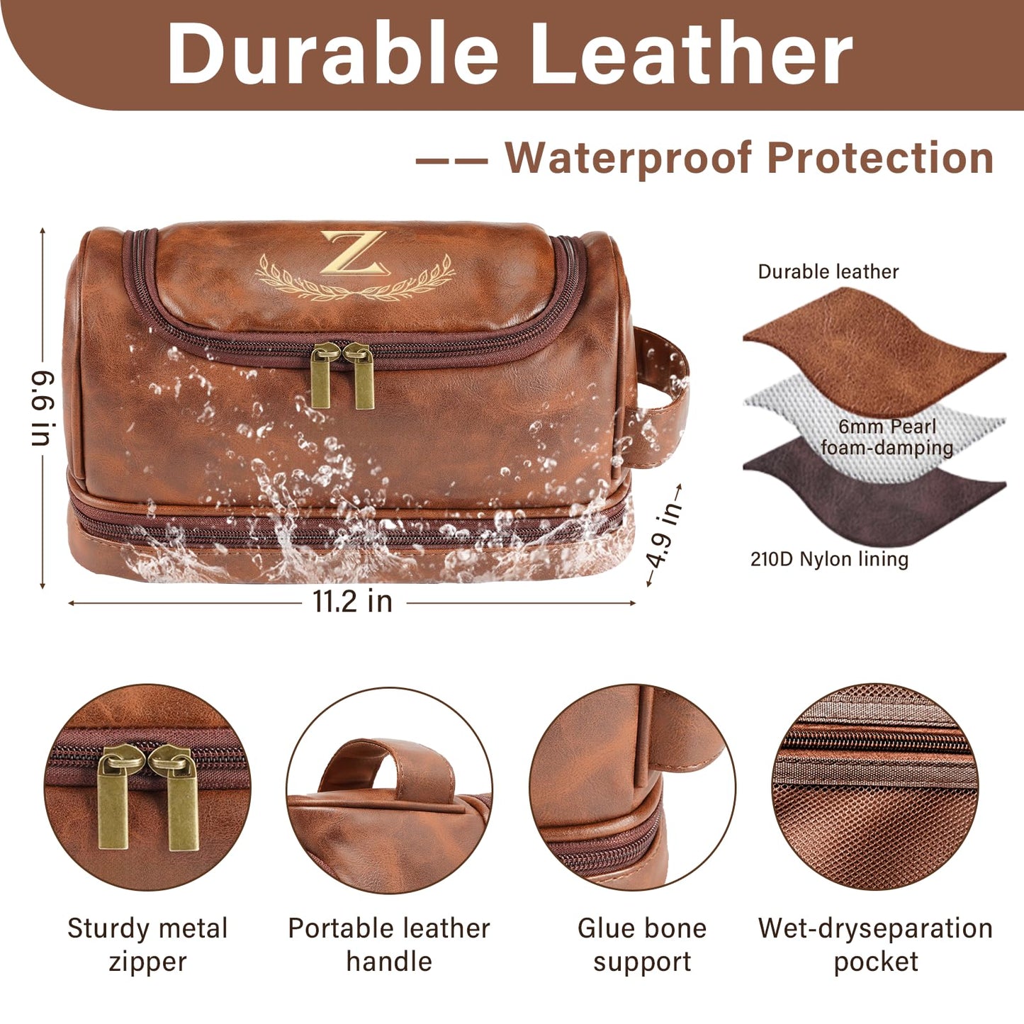 Sparklove Personalized Gifts for Men - Personalized Initial Toiletry Bag with Laser Engraved Monogram - Leather Travel Kit Shaving Organizer - Unique Present for Him, Husband, Boyfriend, Dad （T）