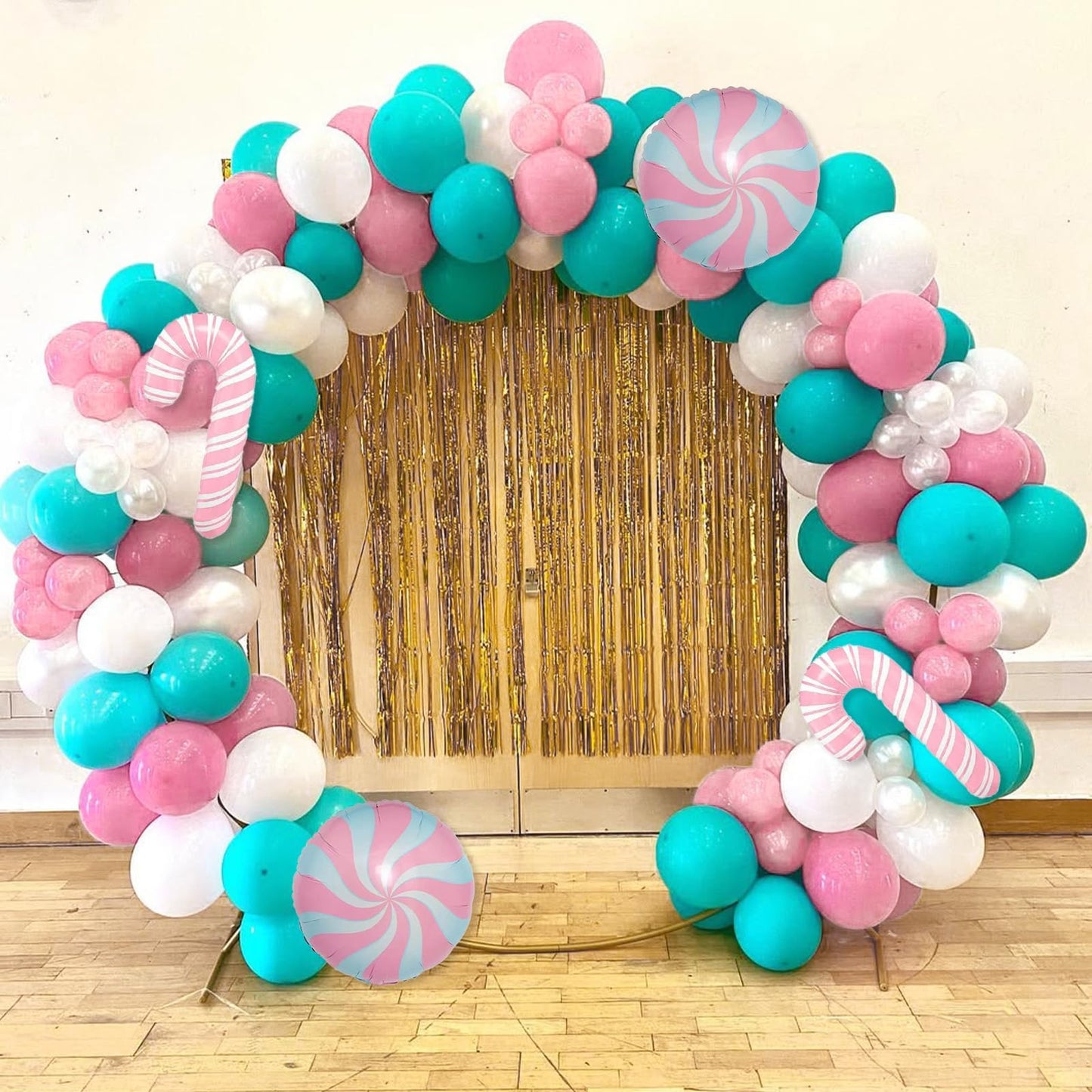 Christmas Gingerbread Balloon Garland Arch Kit Pink Teal Balloons Arch Kit with Candy Cane Foil Christmas Mylar Balloons for Xmas New Year Cookie Exchange Gingerbread House Holiday Party Decorations