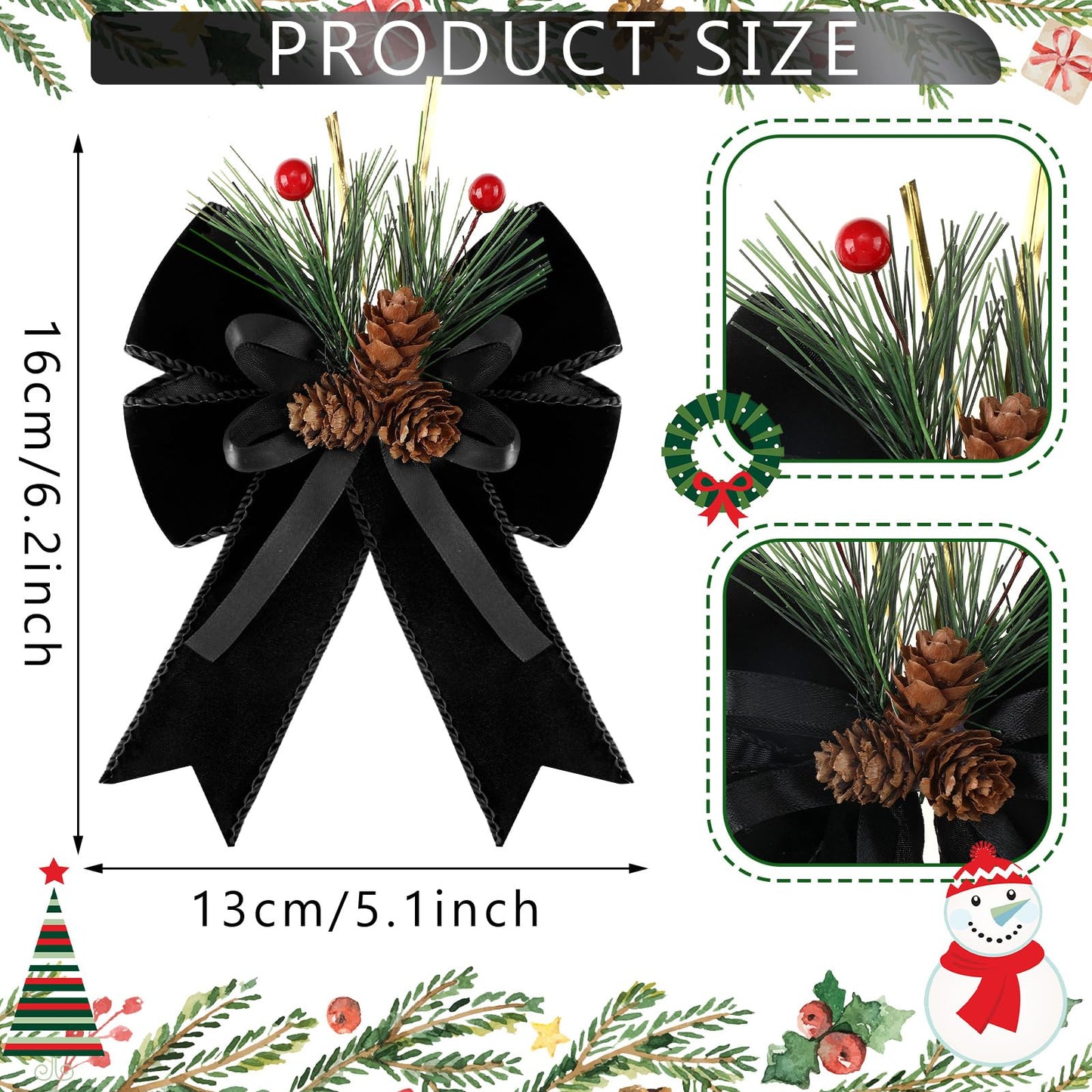 Syhood 6 Pcs Christmas Bows with Pine Cones Pine Needles Black Xmas Velvet Bows Elegant Ribbon Christmas Tree Wreath Decoration for Xmas Parties Indoor Outdoor Crafts DIY Decor
