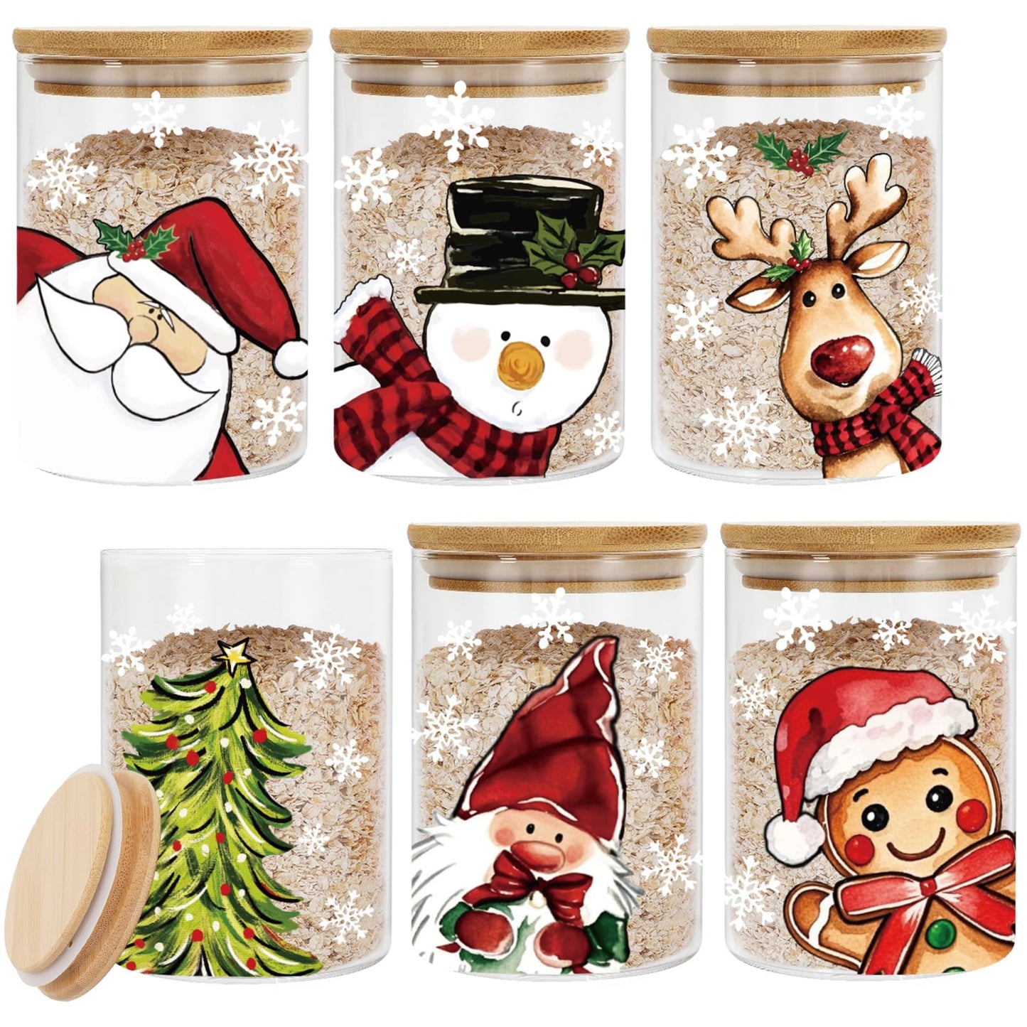 Whaline 6Pcs Christmas Glass Storage Jars with Airtight Lid Santa Snowman Reindeer Decorative Food Canisters Sets Candy Jars for Winter Xmas Home Kitchen Countertop