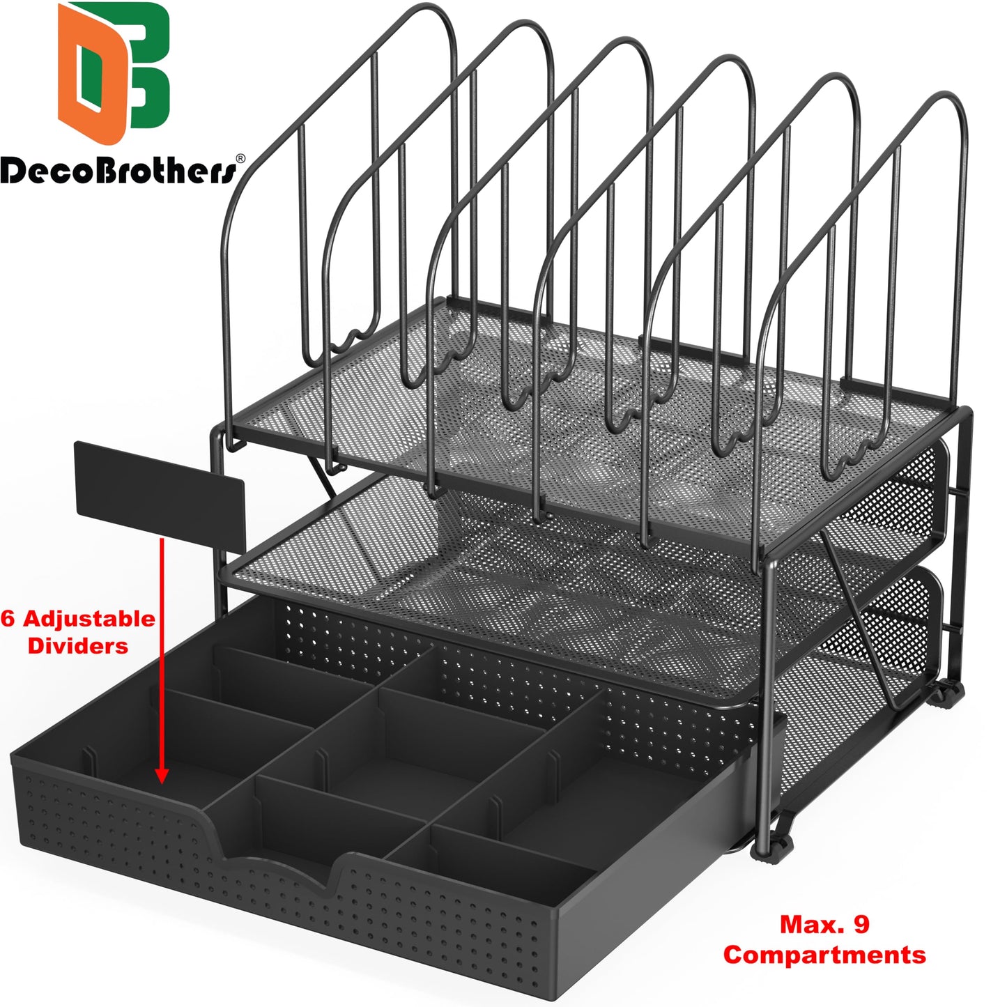 Deco Brothers Mesh Desk Organizer with Double Tray, 5 Upright Sections and Sliding Drawer, Black