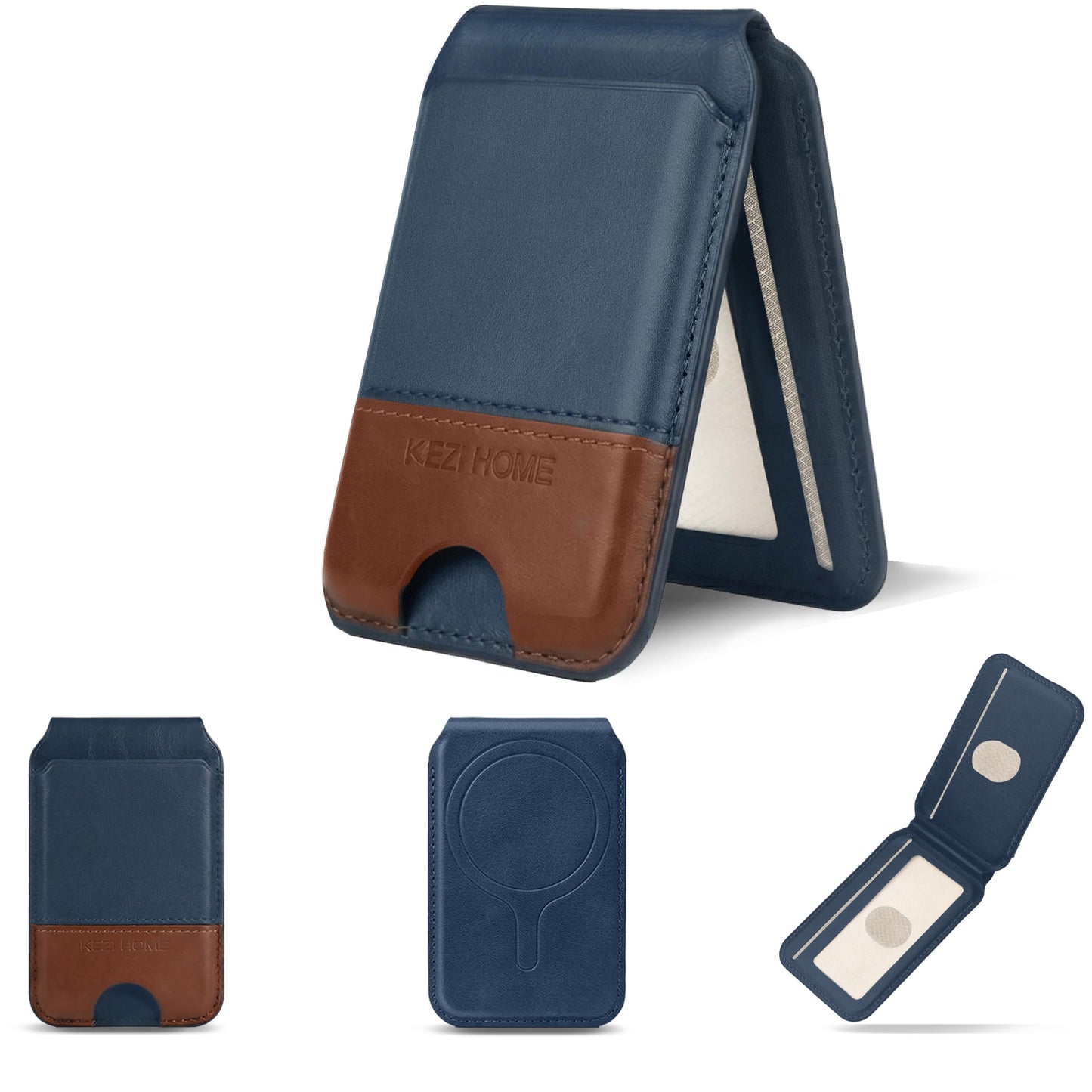 KEZiHOME for MagSafe Phone Wallet, Genuine Leather 5-6 Card Holder[RFID Blocking] with Adjustable Stand, Magnetic Wallet for Men compatible with iPhone 17/16/15/14/13/12 Series (Royal Blue/Brown)
