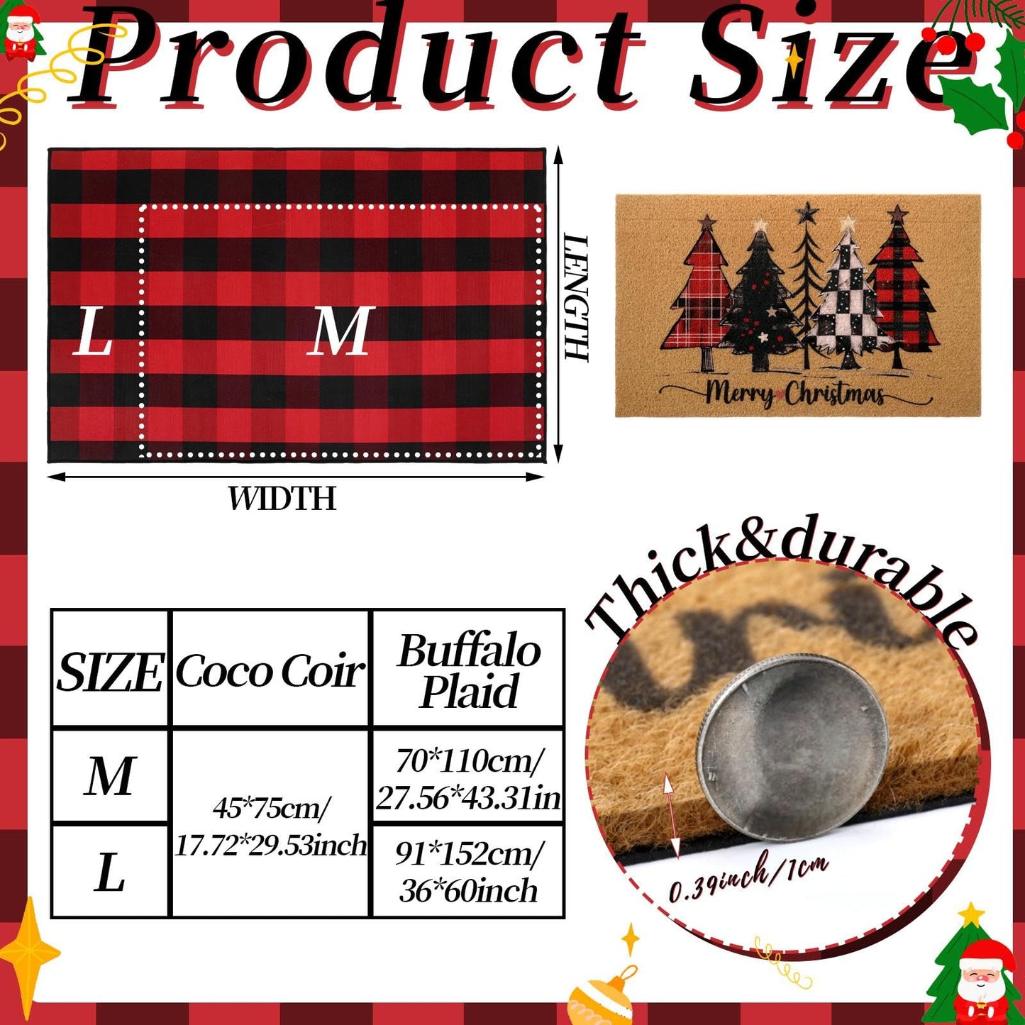 WinnerWhy 2 Pcs Christmas Front Porch Rug Buffalo Plaid Christmas Front Door Mats Imitation Coco Coir Xmas Welcome Layering Rugs for Outdoor Home Winter Festival Holiday Farmhouse Decor, 28 x 43 Inch
