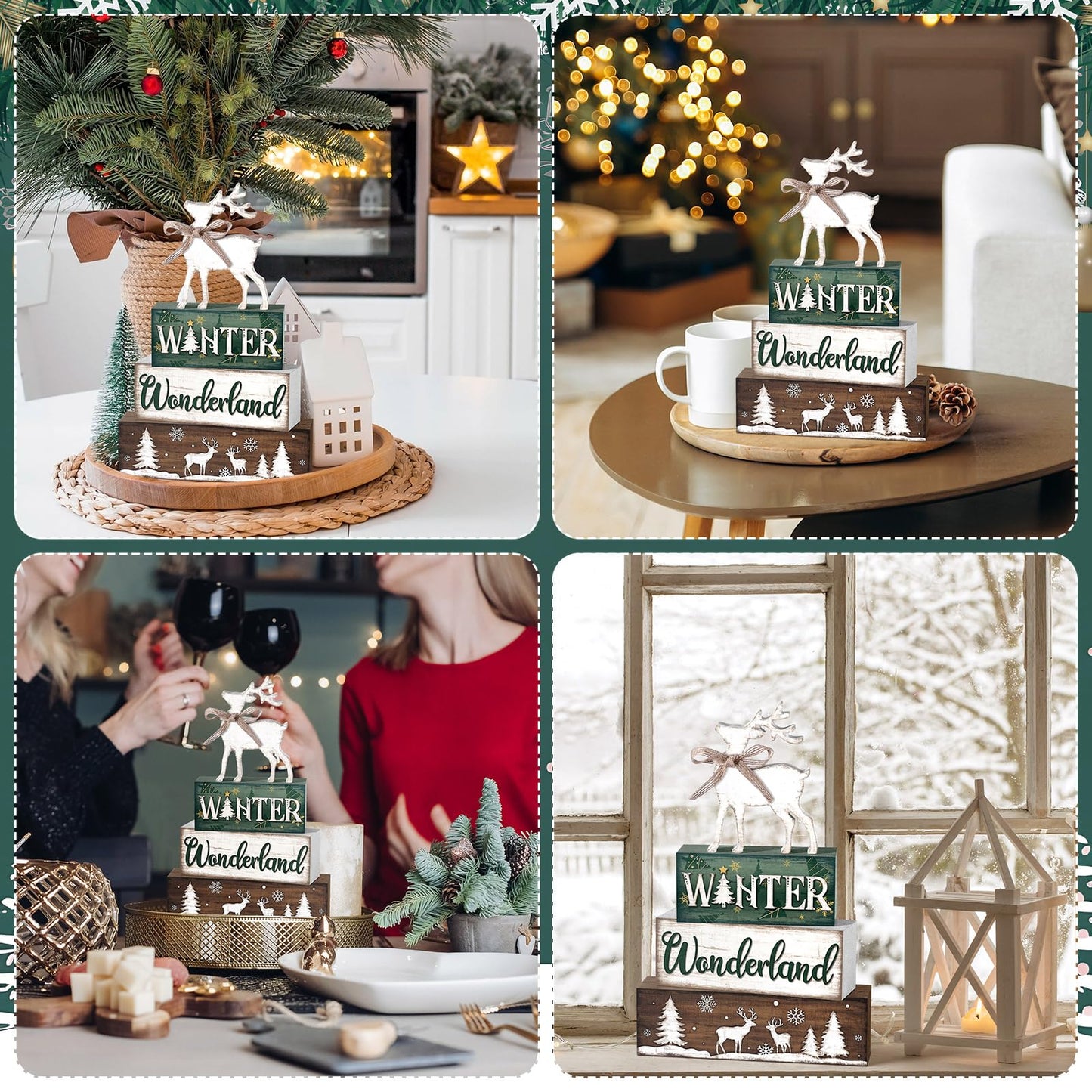 Yousoontic 4 Pcs Winter Decor Woodland Christmas Wooden Sign Blocks Table Centerpiece with Reindeer Snowflakes Trees Rustic Holiday Decorations for Farmhouse Winter Home Indoor