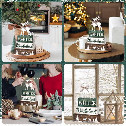 Yousoontic 4 Pcs Winter Decor Woodland Christmas Wooden Sign Blocks Table Centerpiece with Reindeer Snowflakes Trees Rustic Holiday Decorations for Farmhouse Winter Home Indoor