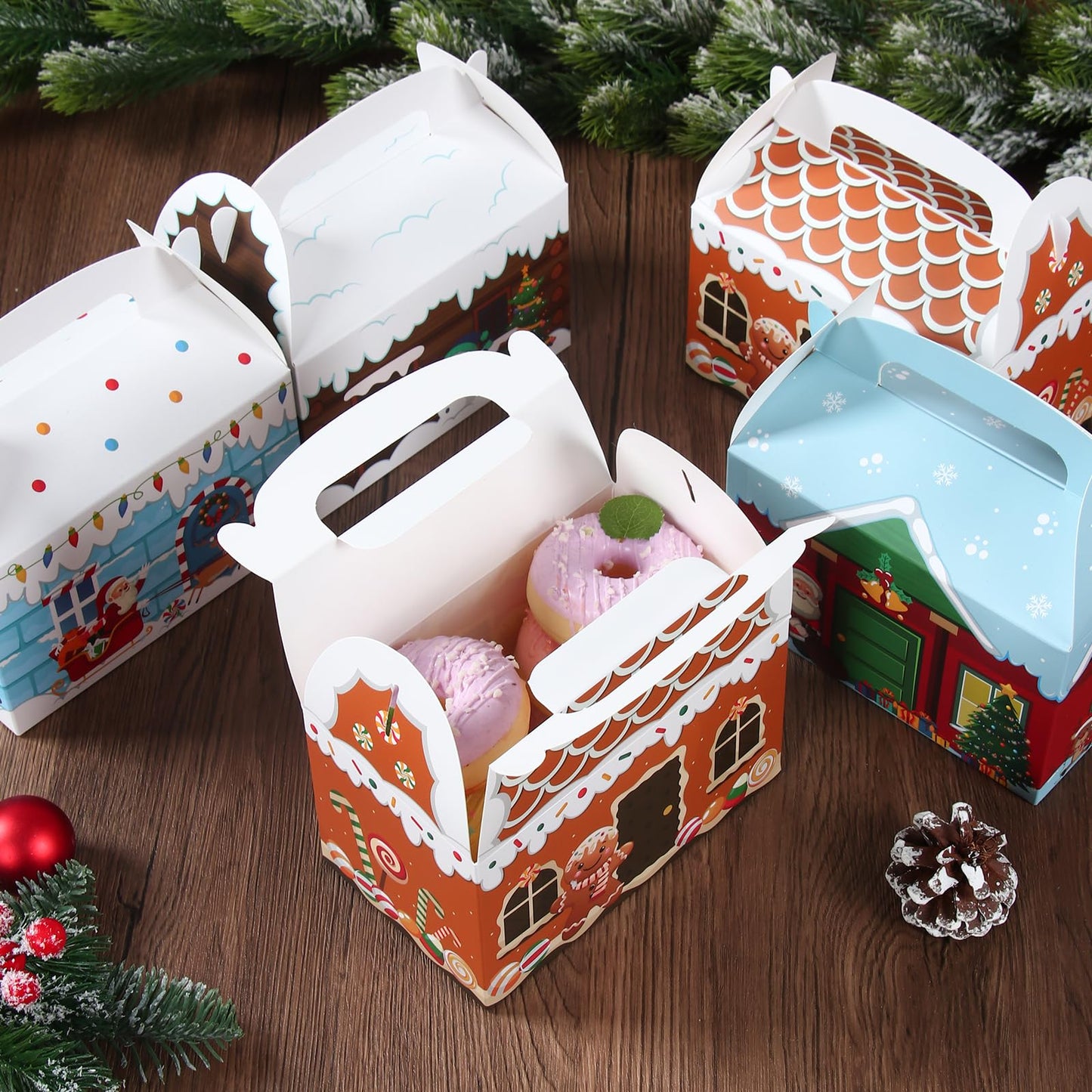 Patimate 24pcs Christmas Cookie Boxes for Gift Giving, 4 Style 3D Xmas House Cardboard Treat Boxes with Handles for Christmas Goodie Candy Holiday Party Favor Supplies