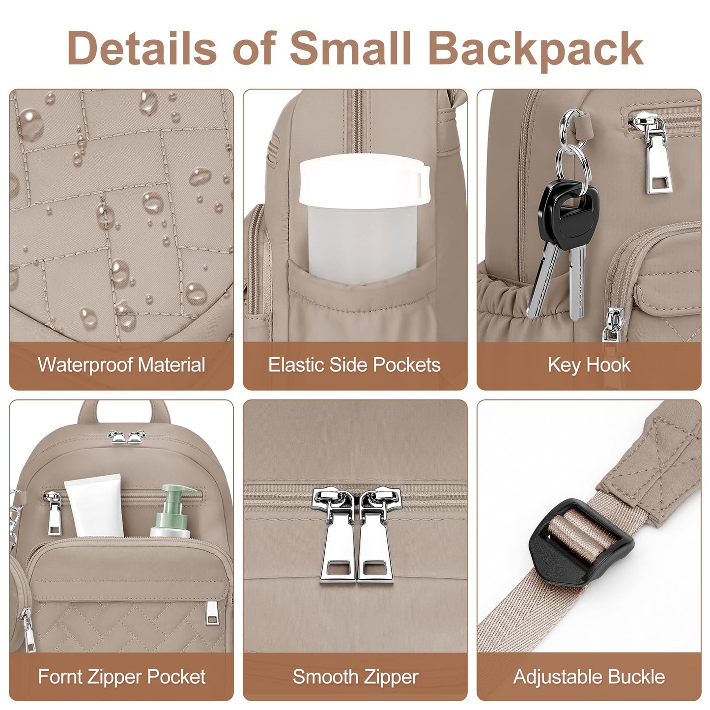 SYTRAH Mini Backpack for Women Small Backpack Purse, Anti Theft Backpack Waterproof Lightweight Puffer Back packs for Travel, Work with Coin Purse Khaki