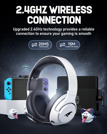 Wireless Gaming Headset for Nintendo Switch丨OLED丨Lite,2.4Ghz USB & Type-C， Bluetooth 5.4 Gaming Headphones with Noise Cancelling Microphone, 40Hr Battery, for PS5, PS4, PC, Mac （White and Black ）