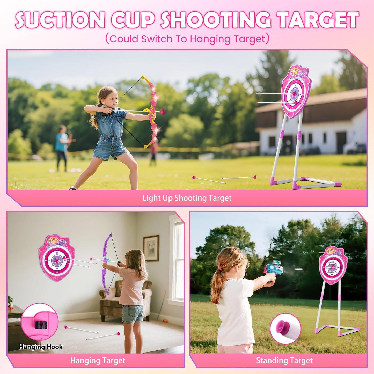 VATOS 2 Pack Bow and Arrow Toy with LED Light - 4 in 1 Archery & Dart Game Set with 20 Suction Cup Arrows, Mermaid Glow Target & Dart Board - Indoor/Outdoor Birthday Gift for Kids Boys Girls Ages 5-12