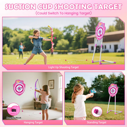 VATOS 2 Pack Bow and Arrow Toy with LED Light - 4 in 1 Archery & Dart Game Set with 20 Suction Cup Arrows, Mermaid Glow Target & Dart Board - Indoor/Outdoor Birthday Gift for Kids Boys Girls Ages 5-12