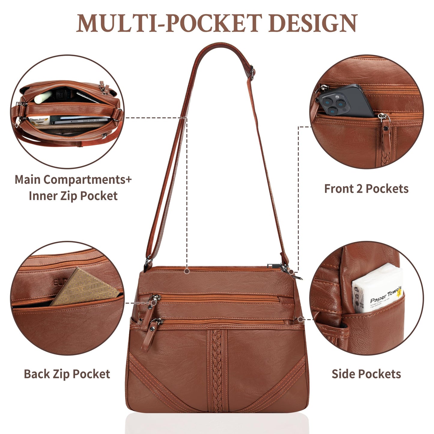 ELDA Crossbody Bags For Women Pocketbooks Soft PU Leather Purses and Handbags Multi Pocket Shoulder Bag (Amber Brown)
