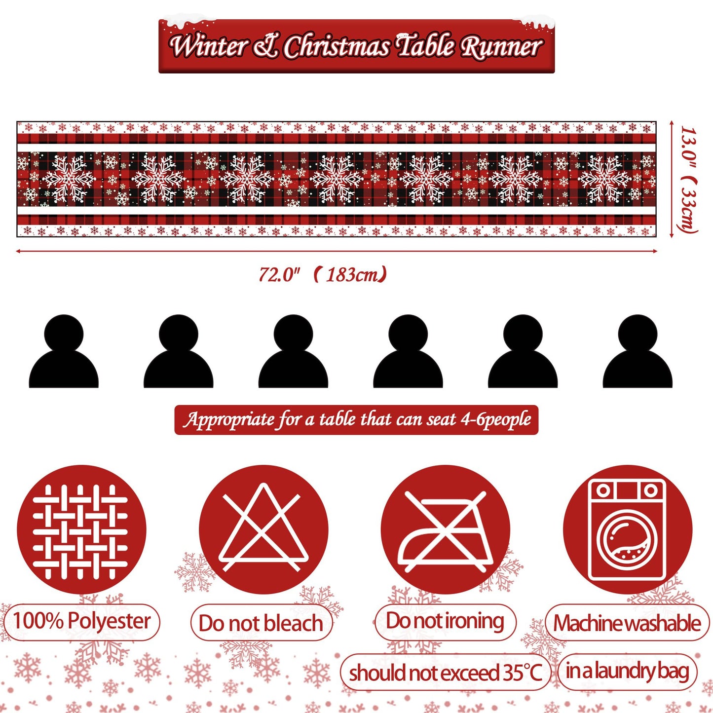 YATOJUZI Snowflake Table Runner - Christmas Red and Black Buffalo Plaid Table Runner Home Kitchen Dining Table Centerpieces Decorations for Christmas Xmas Holiday Party Decor 13"×72"