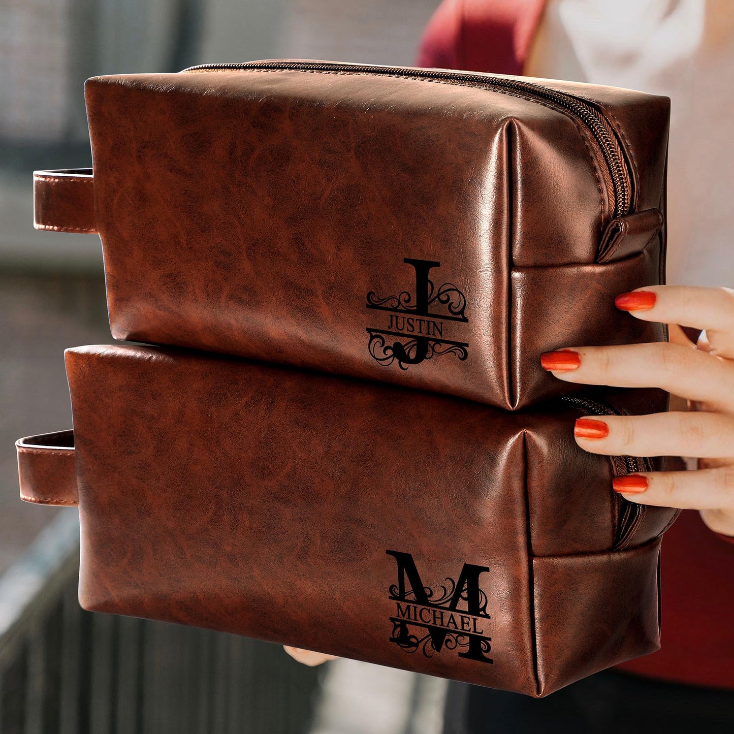 JSENGIFT Mens Toiletry Travel Bag Initial M, Personalized Leather Toiletry Bag for Men, Anniversary Christmas Valentines Fathers Day Birthday Gifts for Husband Dad Grandpa Brother