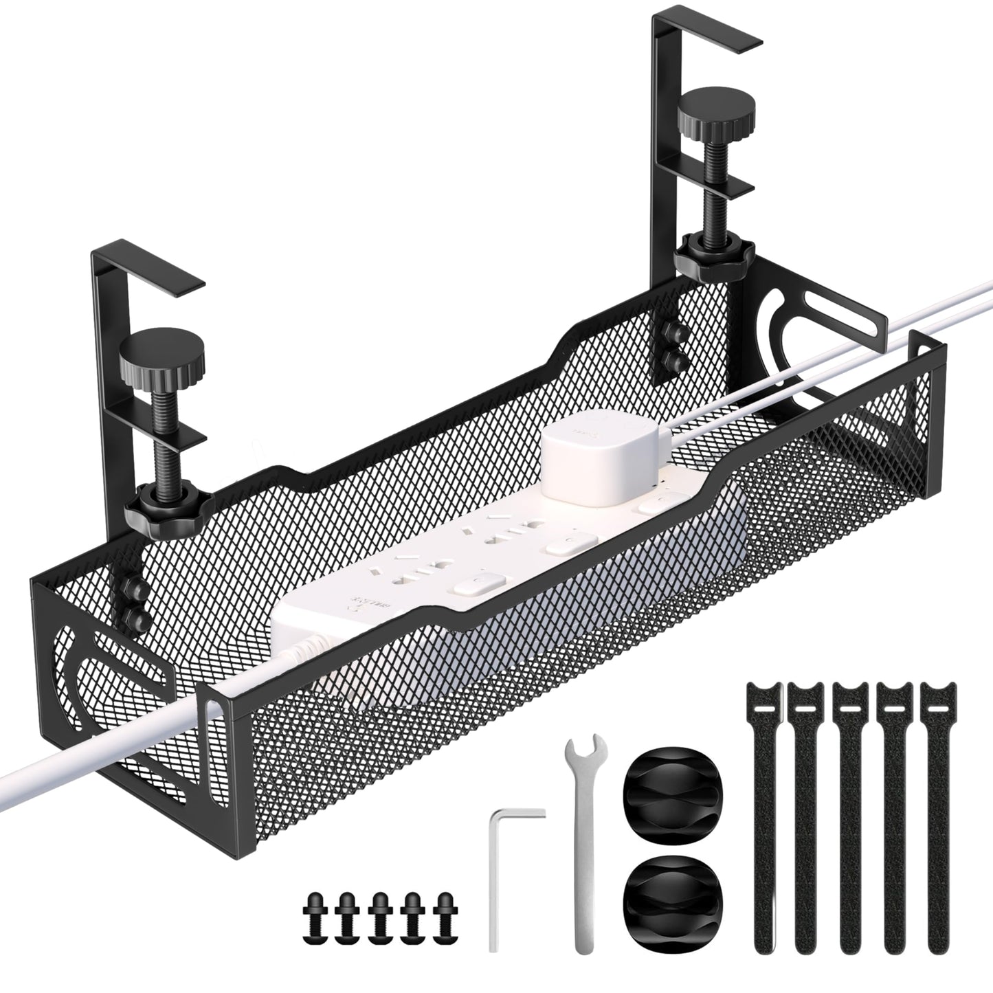 Under Desk Cable Management Tray, No Drill Mesh Desk Cable Tray, Wire Management Tray Cable Management Rack, Wire Organizer and Cable Management Box (Black)