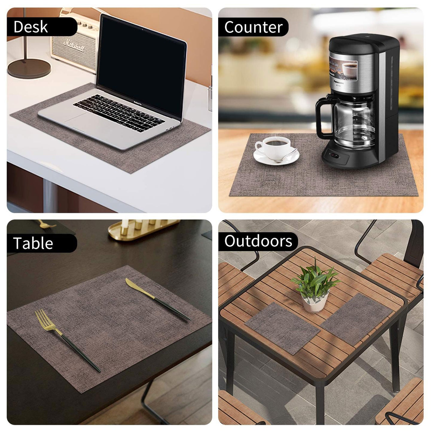 homing Faux Leather Heat Resistant Placemats 6 Packs, Waterproof Wipeable Dining PU Place Mats for Indoor & Outdoor, Easy to Clean, Brown