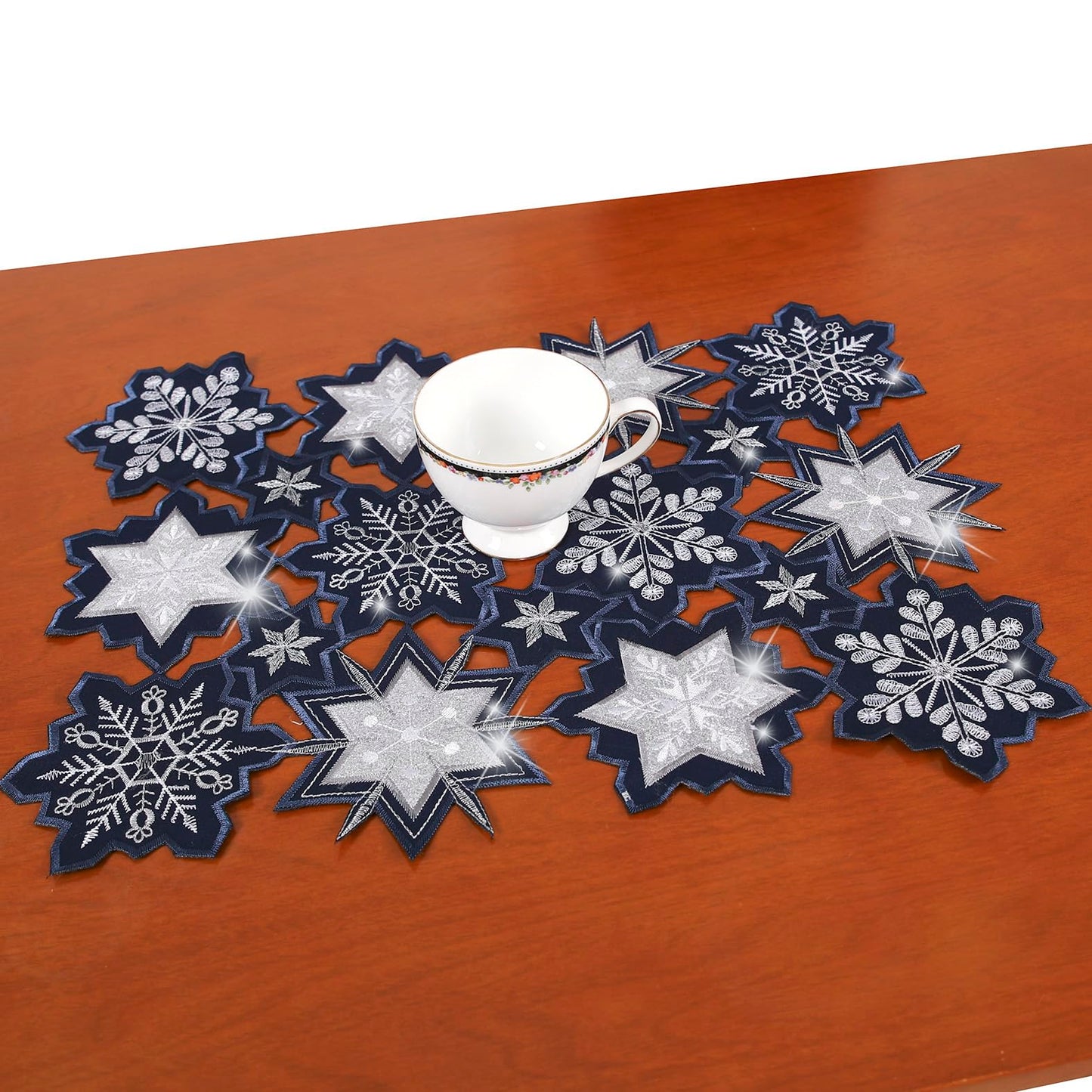 Christmas Table Runner Snowflake Navy Blue Table Decorations Navy Blue Embroided 54 inches Long Sparkle Sequin Silver Glitter Shiny Cutwork Holiday Festive Dining Decor New Year