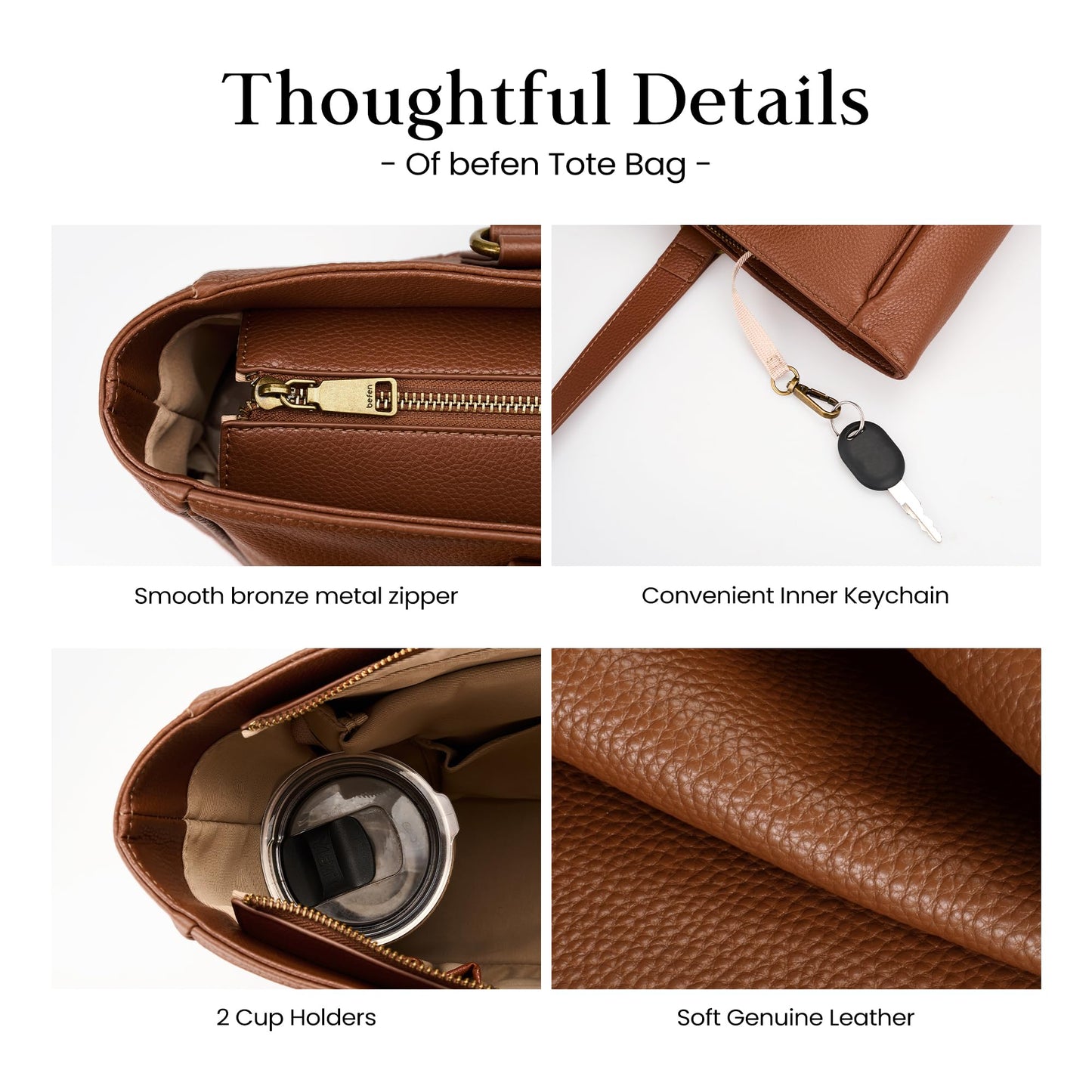 befen Real Leather Work Tote Bag for Women Multi-Pockets Shoulder Totes Purse Satchel Office Bags Handbag with Cup Holder for Work & Travel Cognac Brown