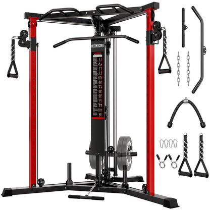 JELENS CC01 Fitness Cable Crossover Machine with High and Low Pulley System, Functional Trainer with with Pull Up Bars and Optional Bundle (Red, CC01 Cable Crossover Machine)