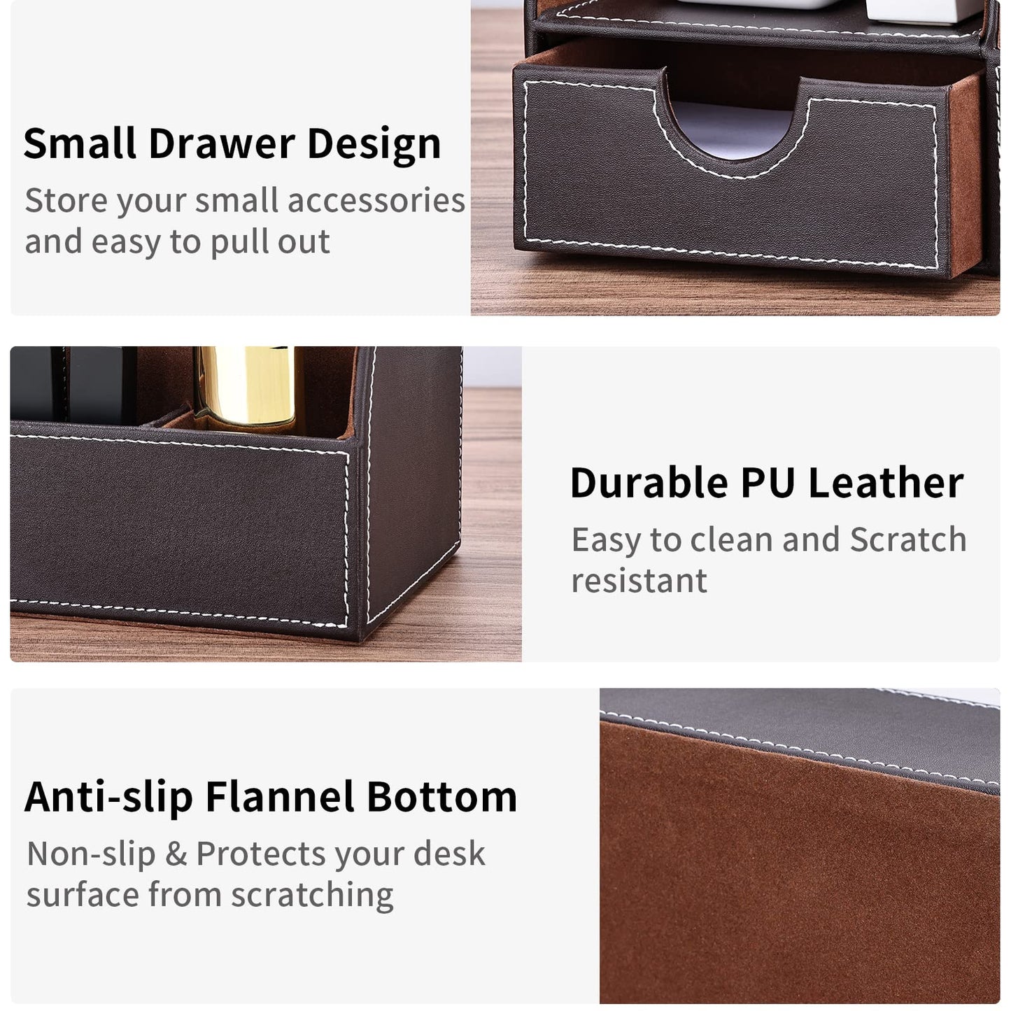 KINGFOM Pu Leather Desk Organizer Pen Pencil Holder Office Supplies Caddy Storage Box 6 Compartments with Drawer Brown