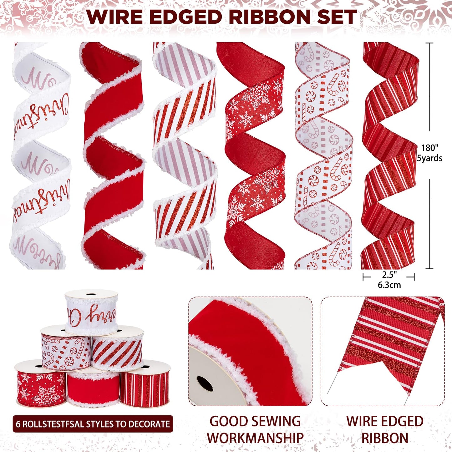Hollyone Christmas Ribbon Wired 6 Rolls 30 Yards Red and White Christmas Ribbons Snowflake Candy Cane Ribbon Set for Christmas Tree Gift Wrapping Crafts Wreath Garland Bow Decor, 2.5 Inch