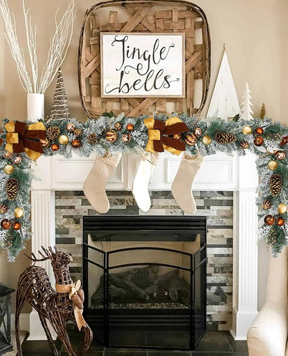 Christmas Garland for Front Door, 6 Foot Artificial Unlit Winter Garland with Pine Cones, Berry Clusters, Bronze Ball Ornaments and Ribbons for Thanksgiving Holiday Christmas Decoration