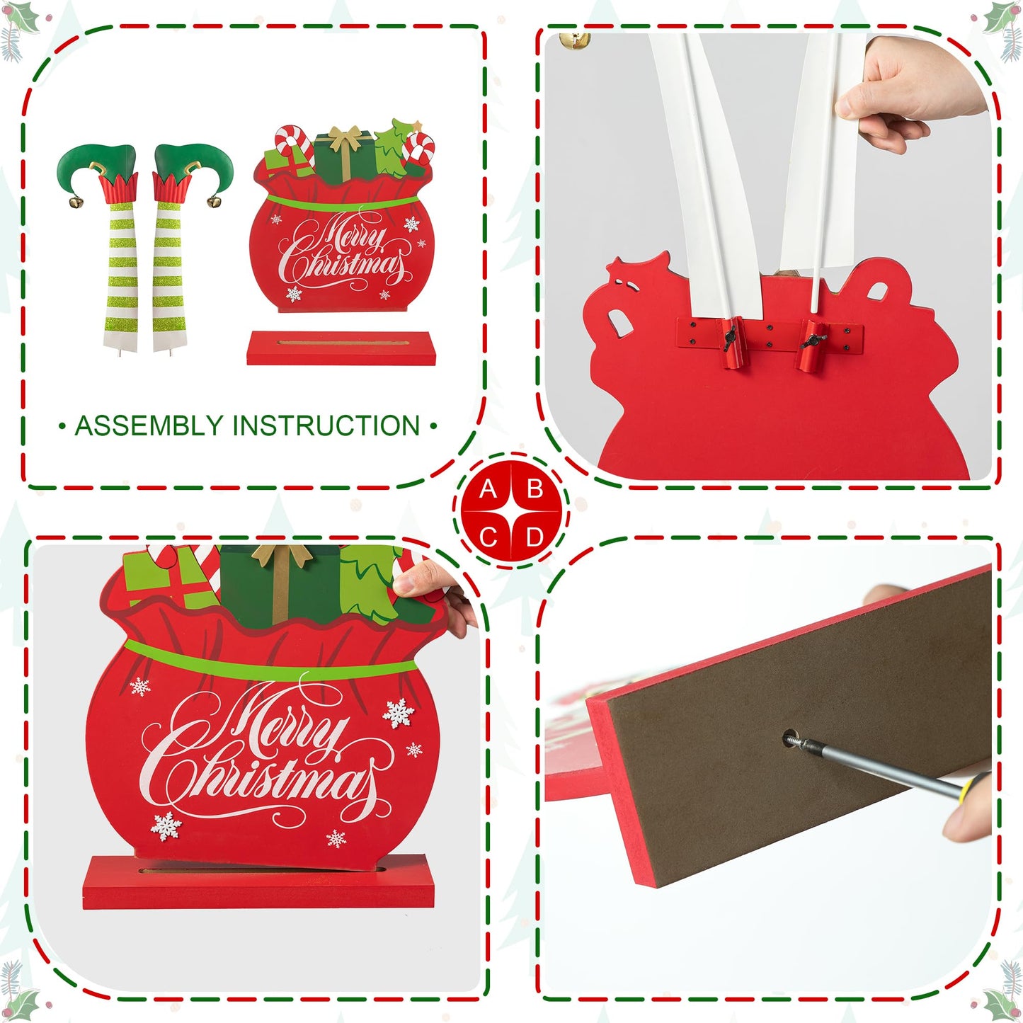 Glitzhome "Merry Christmas" Elf Legs Porch Sign, 24.5" Wood & Metal Gift Bag Display for Holiday, Festive Indoor Outdoor Welcome Greeting Decoration