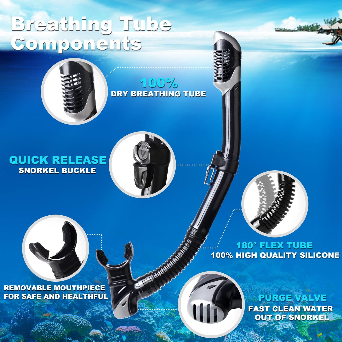 Snorkel Set Pano 3 Adult Snorkeling Gear, Professional Anti-Fog Snorkel Mask Dry Top Snorkel, Tempered Glass Scuba Diving Mask for Freediving, Snorkeling and Swimming(Black Set)
