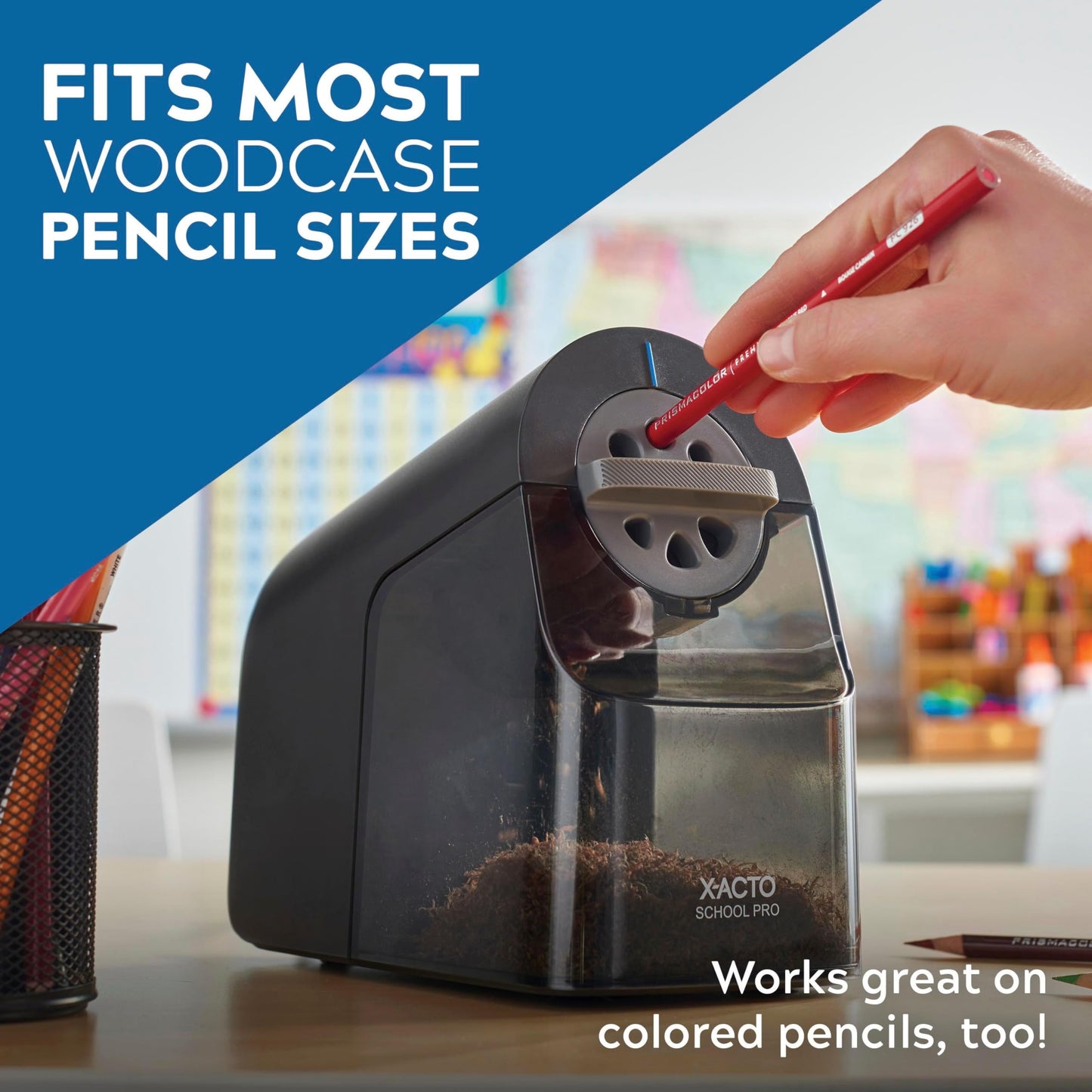 X-ACTO Pencil Sharpener, School Pro Electric Pencil Sharpener, With Six Size Dial, XL Shavings Bin, Black, 1 Count - Heavy Duty, Teacher and School Supplies