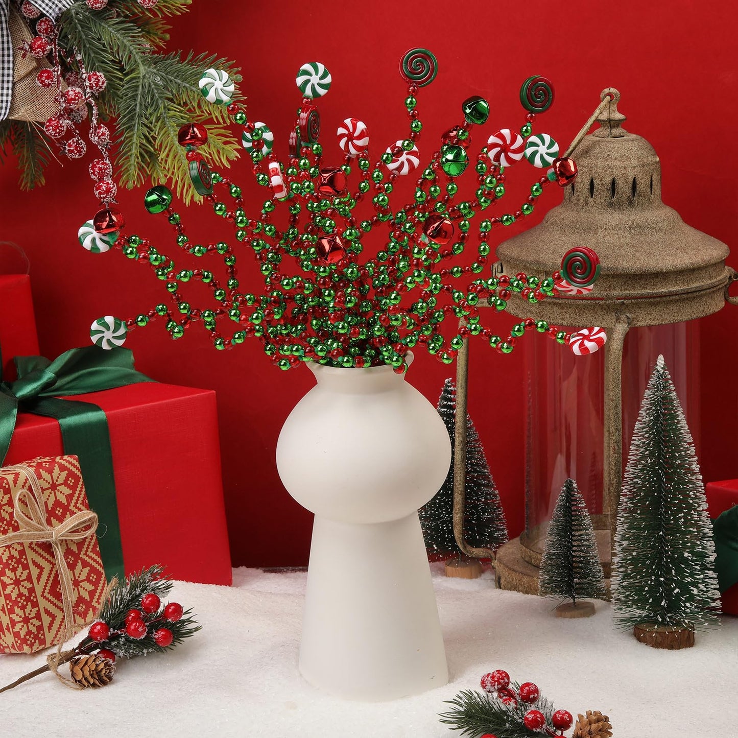 Tigeen 50 Pcs Christmas Candy Cane Pick White Green Red Christmas Tree Curly Pick Ornaments Xmas Candy Shape Tree Topper Decorations Home Office Crafts