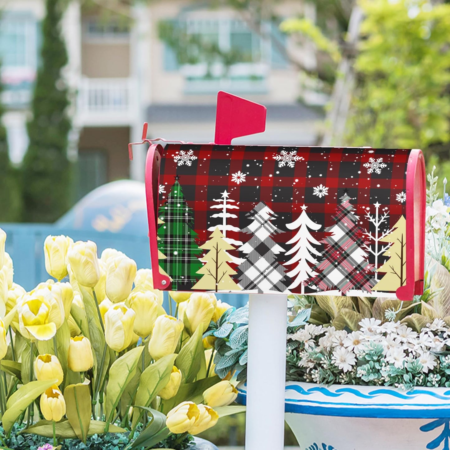 Christmas Tree Magnetic Mailbox Cover Large Size 25.5x21 Inch Winter Snowflake Buffalo Plaid Decorative Mail Box Post Covers Happy Holiday Xmas Letter Box Wraps for Home Outdoor Garden Yard Decor