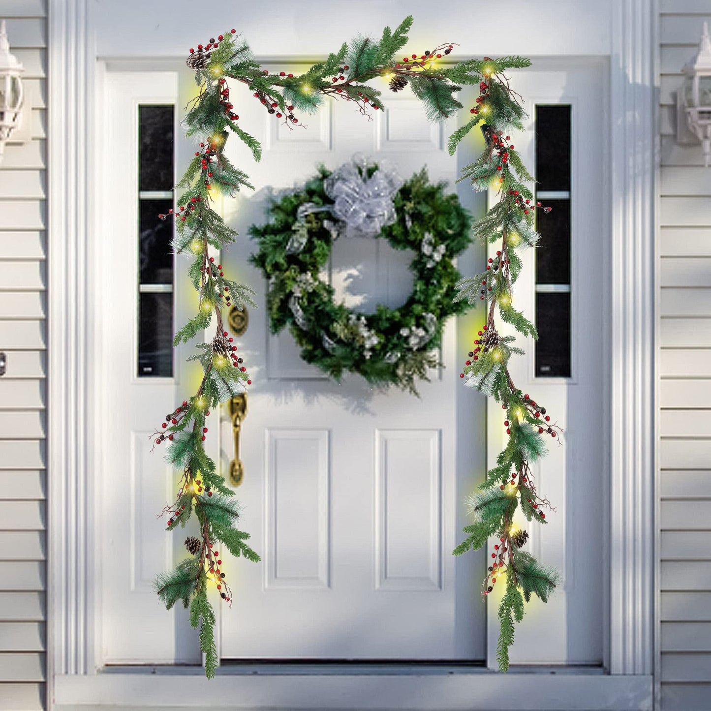 winemana 6 FT Pre-lit Artificial Christmas Garland with 20 LED Lights, Battery Powered with Pine Cones, Red Berries, Pine Needles, Lighted Christmas Garlands for Fireplace Mantle Holiday Decorations