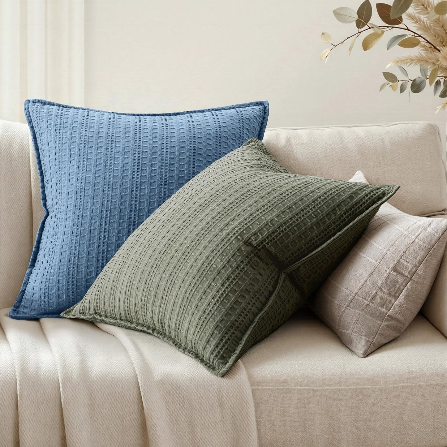 Woaboy Set of 2 Decorative 100% Cotton Waffle Throw Pillow Covers 18x18, Neutral Coastal Euro Shams Weave European Cushion Cases for Couch Sofa Bed Modern Farmhouse Home Decor, Blue