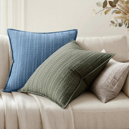 Woaboy Set of 2 Decorative 100% Cotton Waffle Throw Pillow Covers 18x18, Neutral Coastal Euro Shams Weave European Cushion Cases for Couch Sofa Bed Modern Farmhouse Home Decor, Blue
