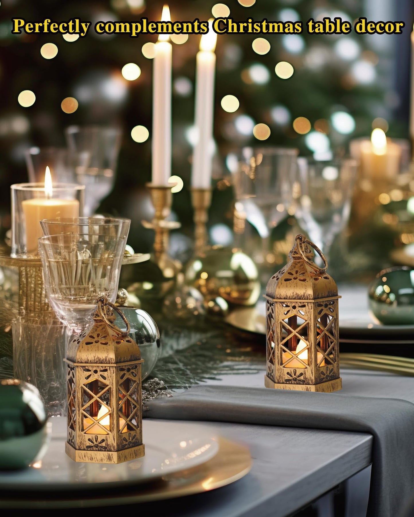 Reperla 8-Pack Mini Lanterns, Small Decorative Lanterns with Flickering LED Candles for Ramadan, Christmas, Wedding, Hanging Moroccan Lantern, Table Centerpiece, Baby Shower Decorations, Bronze