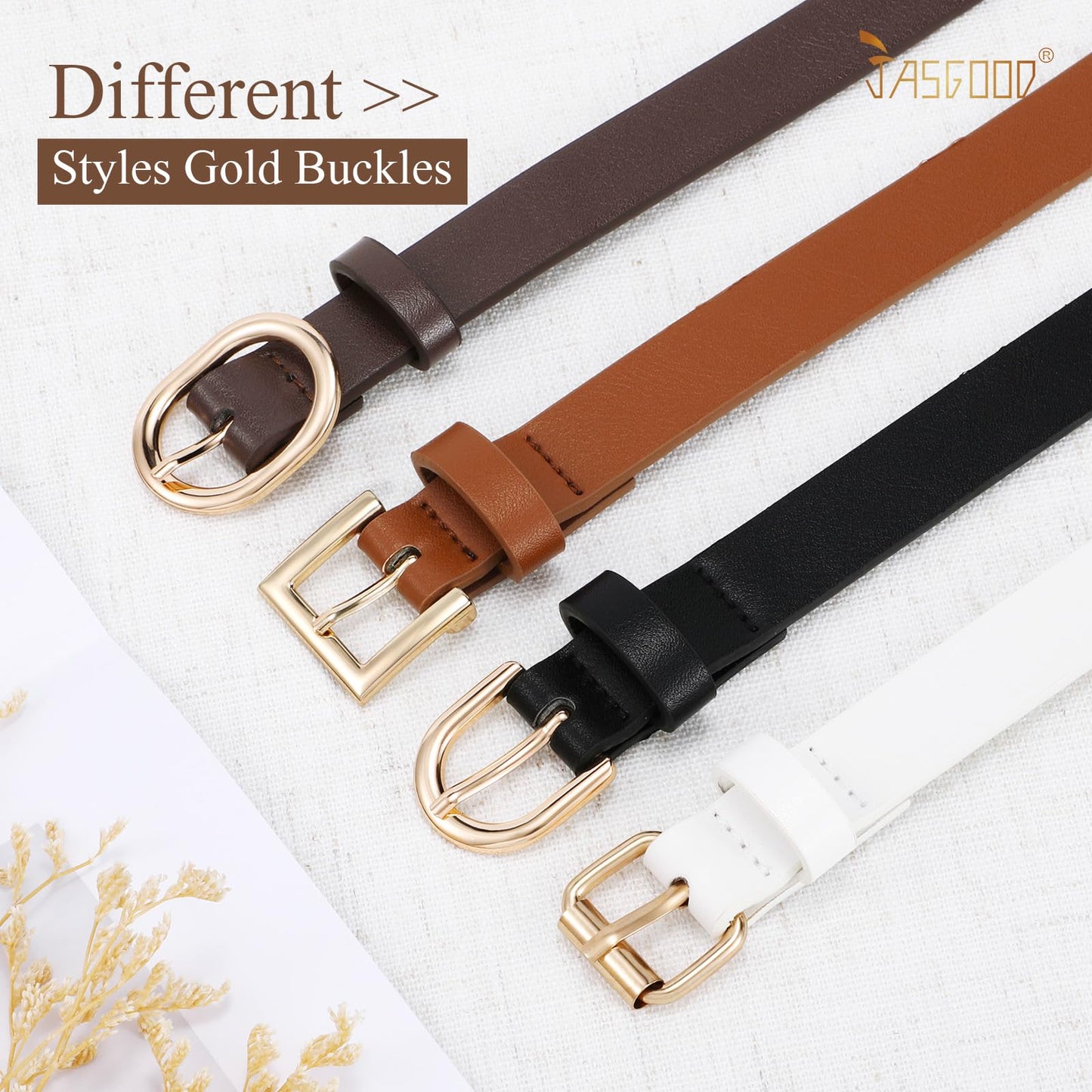 JASGOOD 4 Pack Women Skinny Leather Belt for Dresses with Gold Buckle Ladies Thin Waist Belt for Jeans Pants，Black+Brown+White+Coffee