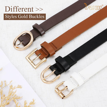 JASGOOD 4 Pack Women Skinny Leather Belt for Dresses with Gold Buckle Ladies Thin Waist Belt for Jeans Pants，Black+Brown+White+Coffee