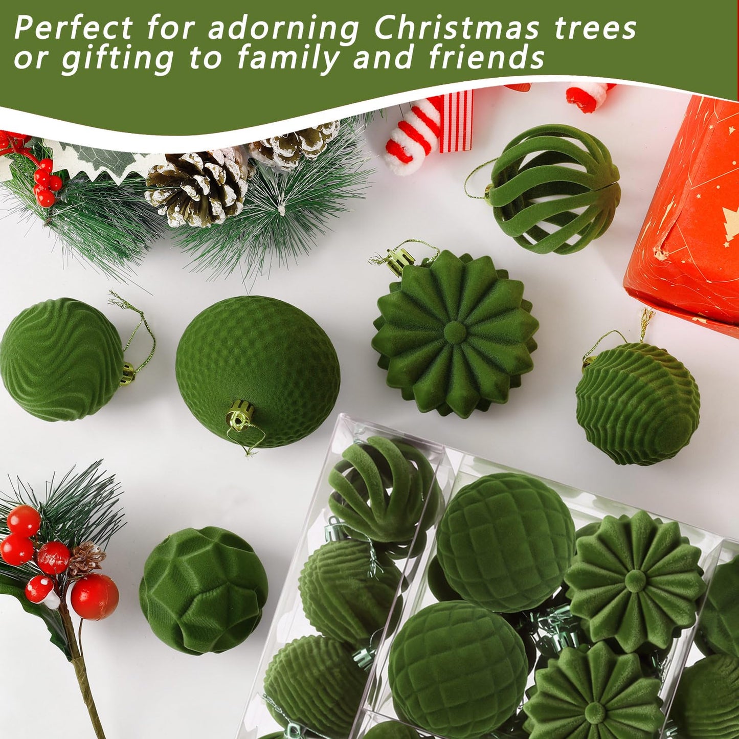 48 Pcs Velvet Christmas Ball Ornaments Set, Flocked Christmas Tree Ornaments, Shatterproof Hanging Xmas Balls Decorations for Christmas Tree Home Decor Holiday Wedding Party (Sage Green)