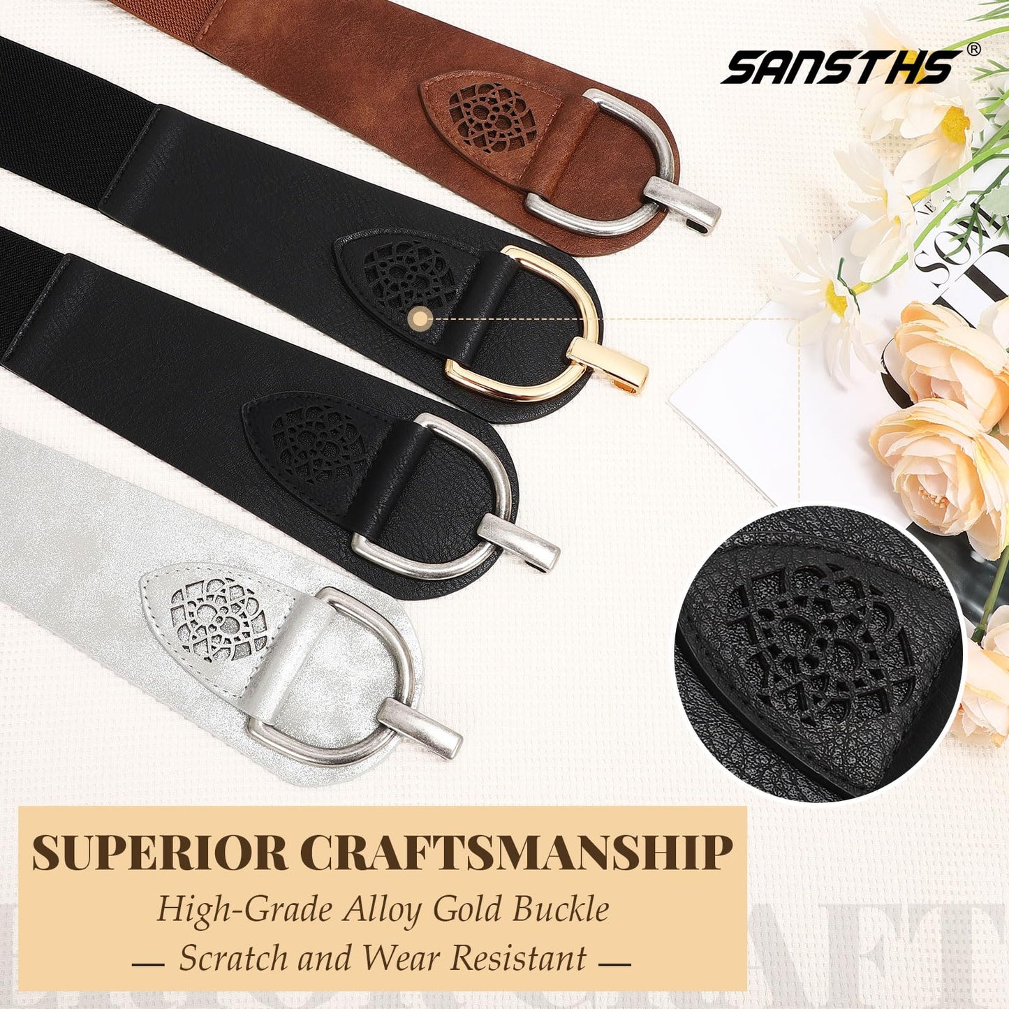 SANSTHS Vintage Women Stretchy Wide Belt Chunky Buckle Elastic Wide Waist Belts for Dresses Coats, Coffee XXL