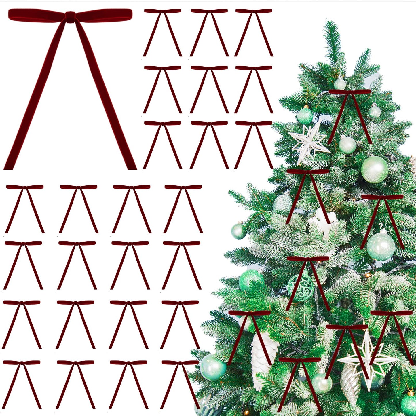 26 Pcs Velvet Christmas Tree Bows Ornaments, 5x7 Inch, 3/8" Wide, Craft Ribbon Bows for Garland Wreath Indoor Outdoor Xmas Decorations, Burgundy