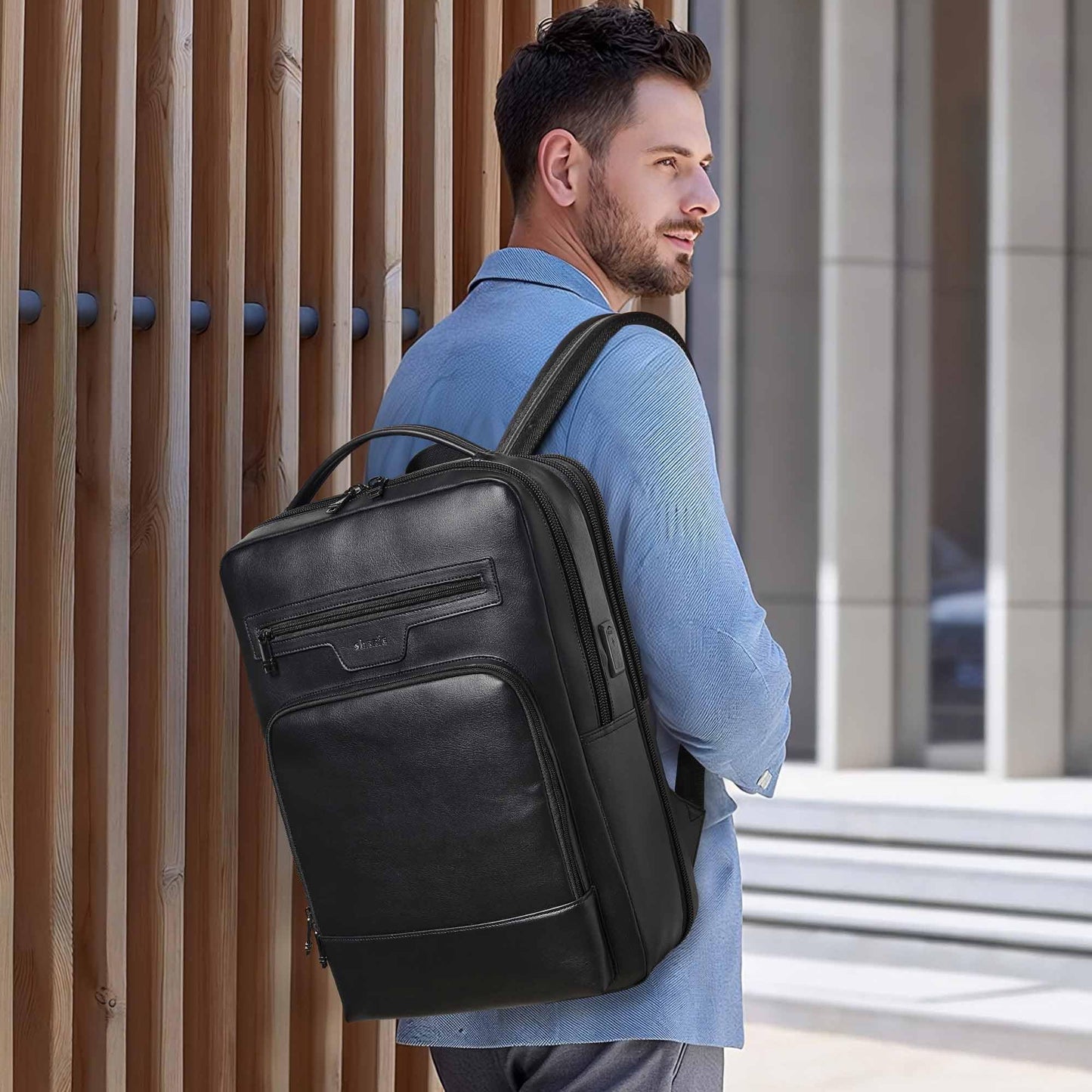 Shrrie Leather Laptop Backpack for Women and Men,28 L Travel Backpack Computer Bag Fits 16 inch Laptop,Expandable Casual Daypack with USB Charging Port for Work Business Weekender College,Black
