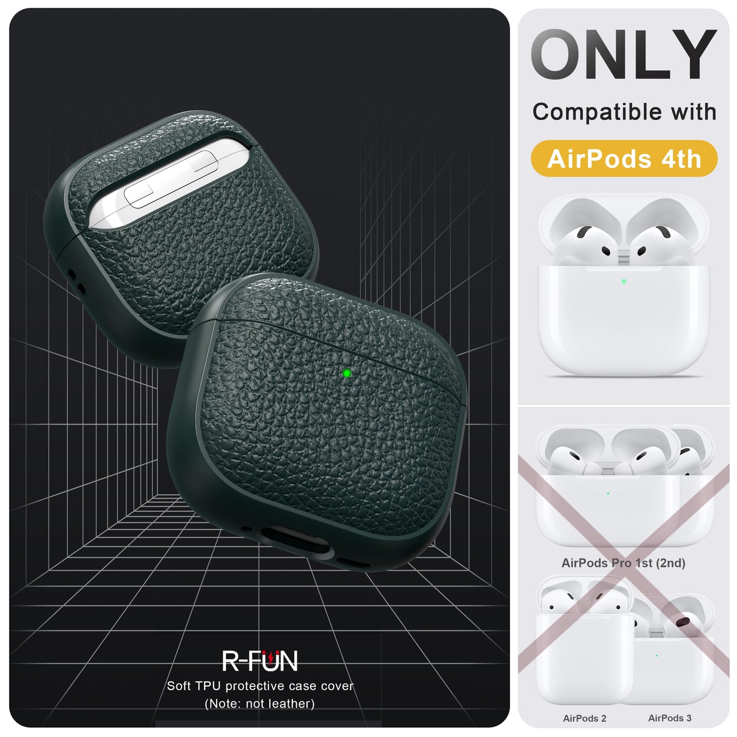 R-fun for Airpods 4 Case, Soft TPU (Leather-Like Design) Drop Protection Cover for Men and Women with Lanyard and Cleaner Kit, Compatible with Apple Latest Airpods 4th Gen(USB-C)(2024)-Green