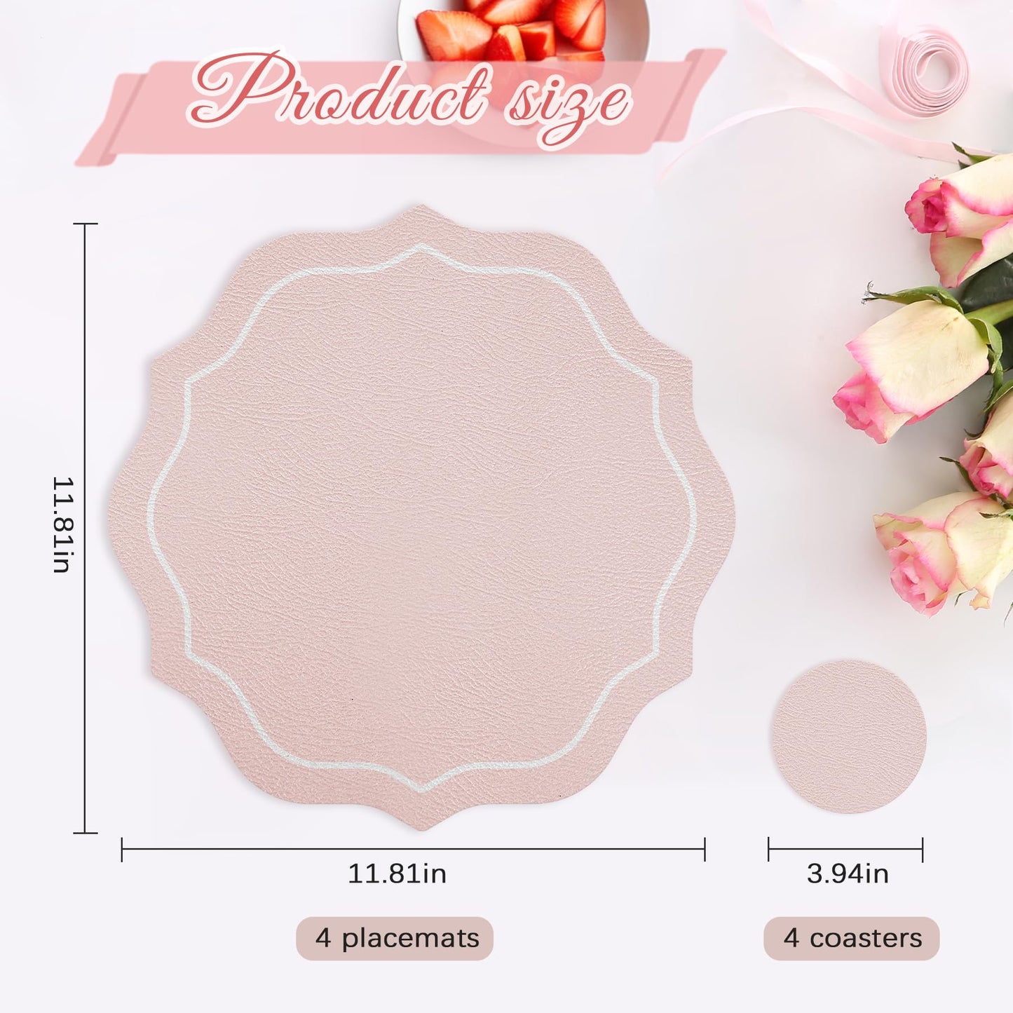 Set of 4 Spring Round Vinyl Placemats with Coasters 12" Scalloped Pink Faux Leather Placemats Waterproof Placemat Wipeable Heat Resistant for 7-10" Plates for Wedding Party Dining Table Decor