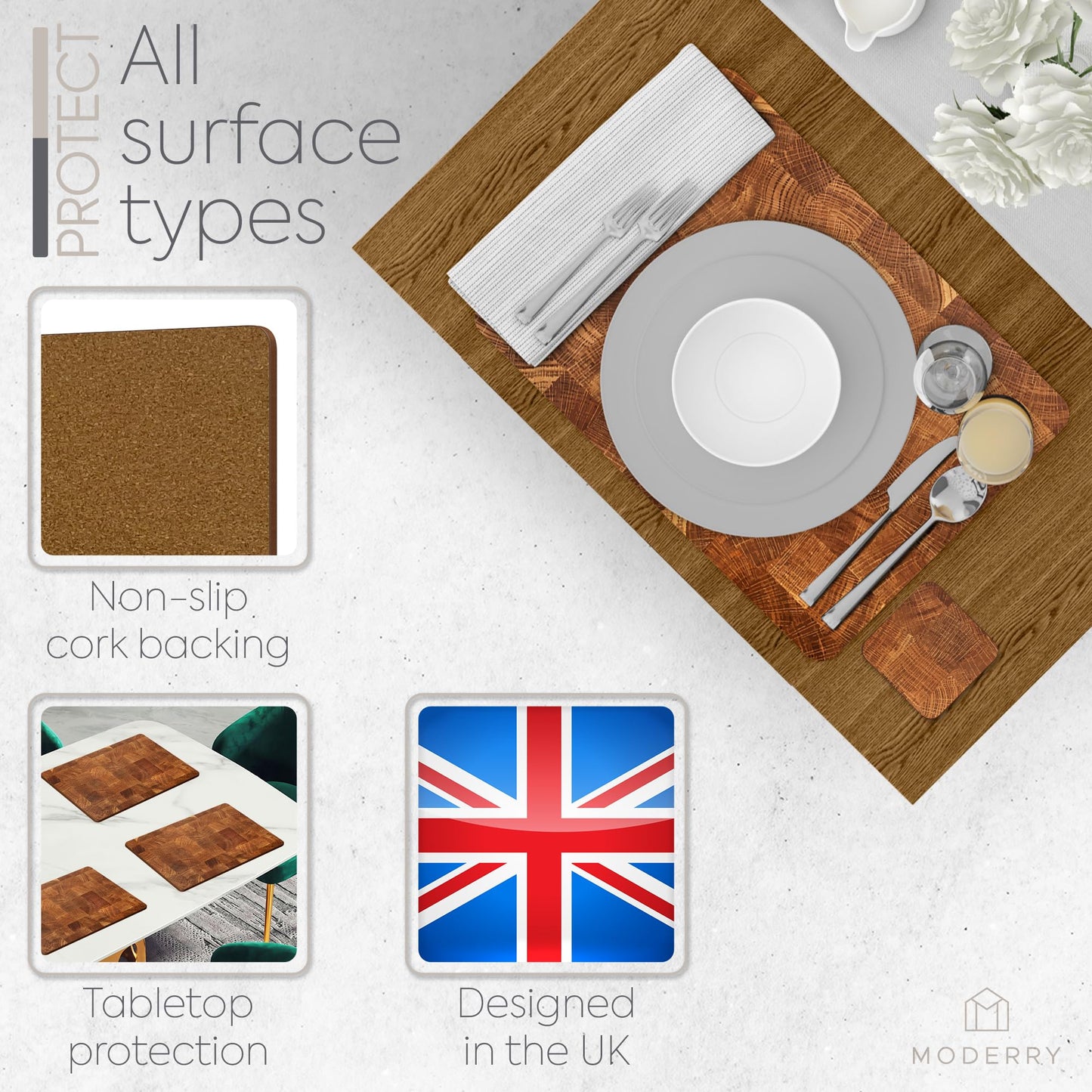 Moderry Set of 4 Heat Resistant Cork Placemats for Dining Table with Free Set of 4 Matching Drink Coasters Marble Design 16 x 12 Inches Cork Backed Hard Placemats (Honey Oak)