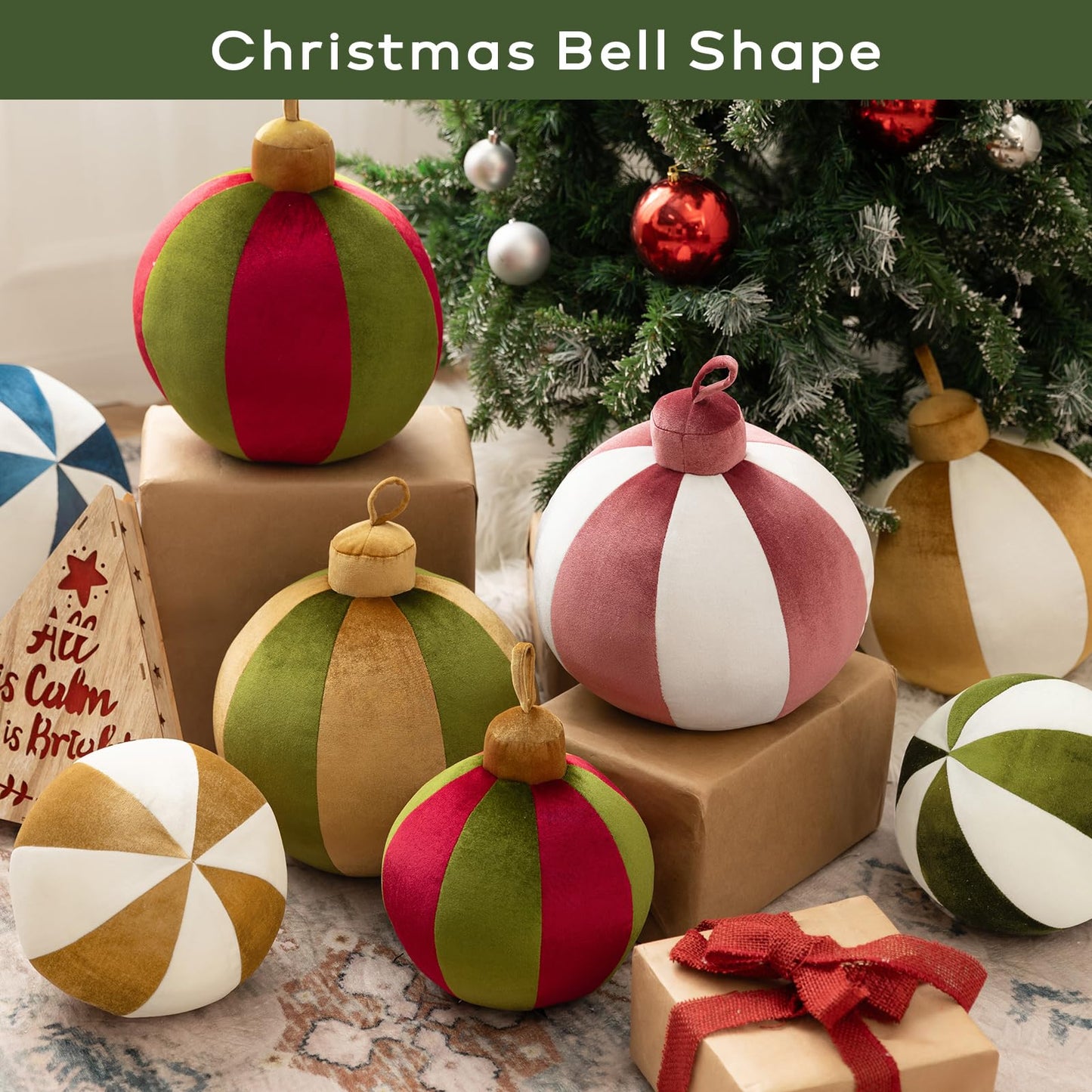 Ashler Merry Christmas Bell-Shaped Pillow, 11x11 Inch Velvet Hangable Decorative Holiday Pillow for Xmas Tree, Couch, Living Room, Bed, Light Green