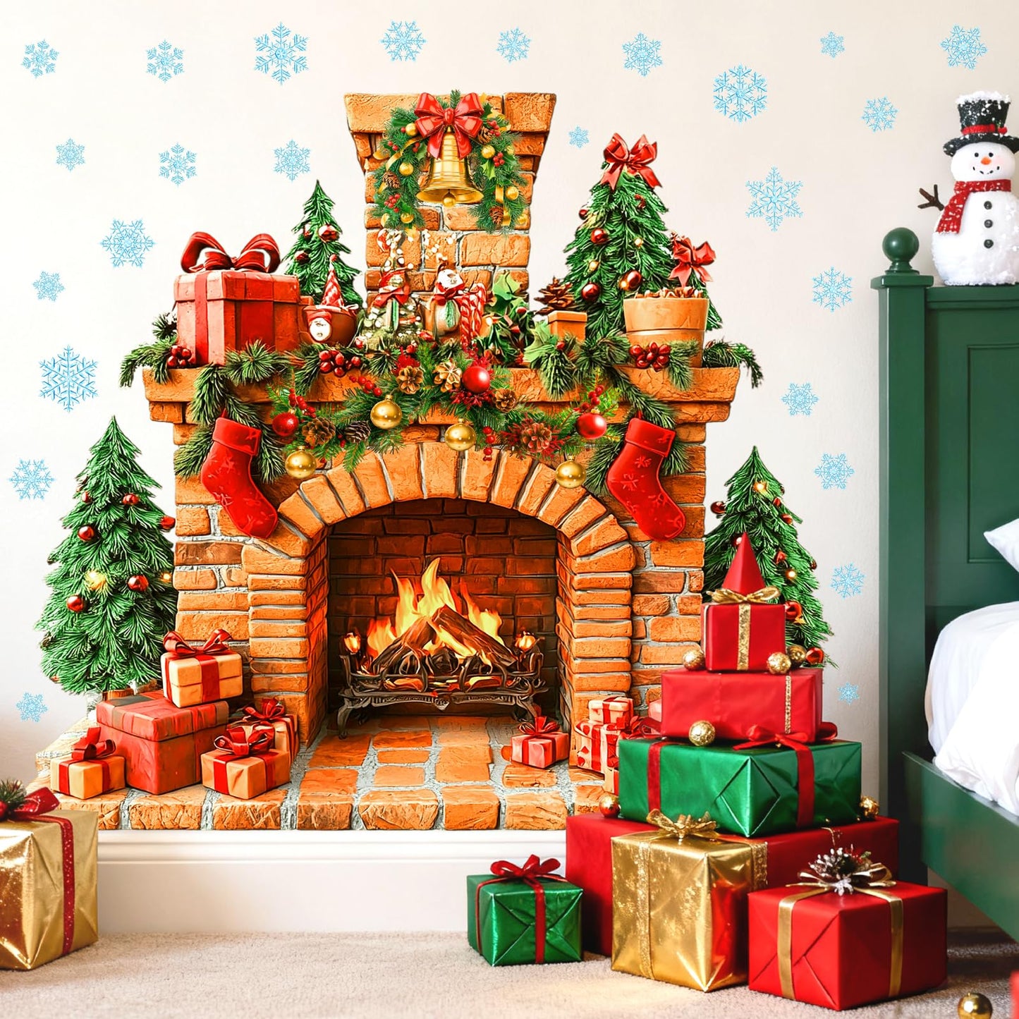 Large Fireplace Wall Stickers Removable Christmas Wall Decals Peel and Stick Fireplace Mural Sticker Winter Tree Snowflake Holiday Decorations for Walls Xmas Fire Flame Decal Party Decor