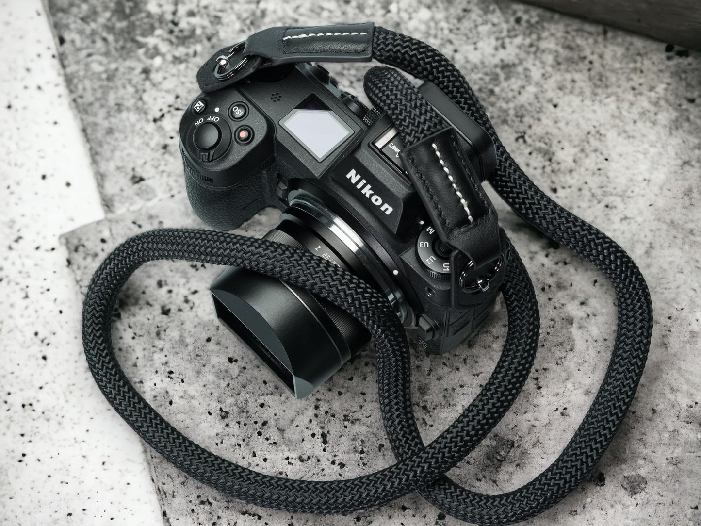 Vi Vante Sheetline Black Rope Camera Strap w/Nappa Leather Ends FINAL CLOSEOUT (Black w/White Stitching)