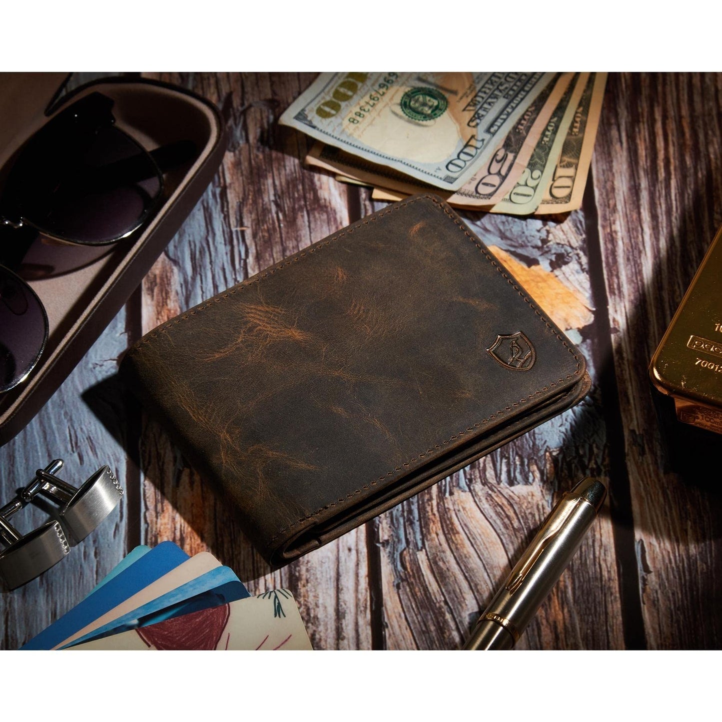 Cochoa Wallet for Men Bifold Leather RFID Blocking High Capacity Slim Card Case with 2 ID Window for Gift (Crazy Horse, Moss)