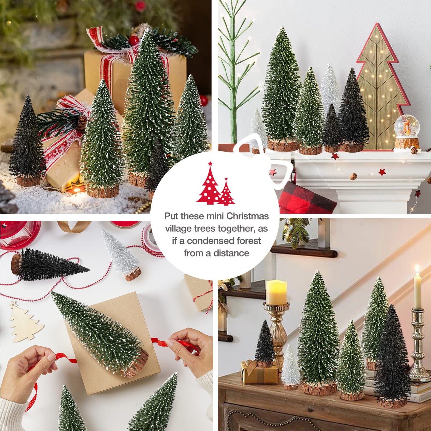 9Pcs Mini Christmas Trees Christmas Decor Artificial Christmas Decorations with 4 Sizes, Christmas Tree Bottle Brush Trees Christmas Table Decorations (Green Silver Black)