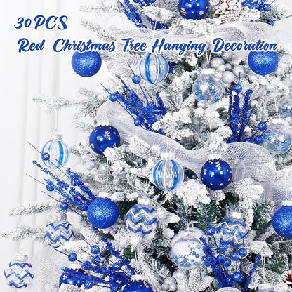 SY Super Bang 30PCS Blue Christmas Ornaments Set, 60MM/2.36" Clear Plastic Shatterproof Ball Ornaments for Christmas Tree Hanging Decorations, for Home Holiday Party Xmas Decor.