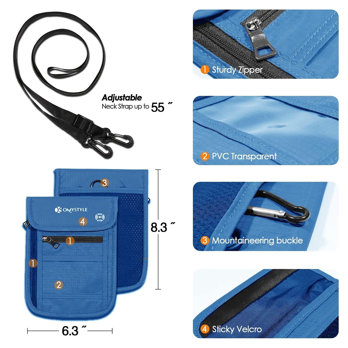 OMYSTYLE Neck Wallet, RFID Passport Holder for Travel, Adjustable Neck Strap, Waterproof Neck Pouch for Men & Women to Keep Cash, Credit Cards and Documents Safe, Blue (8x6)